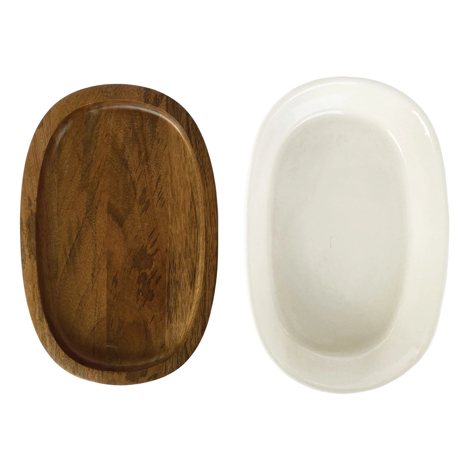 Stoneware Serving Dish w/ Wood Base (Set of 2)