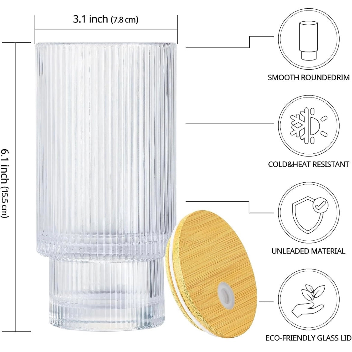 Fluted Clear Glass with Lid + Straw-16oz
