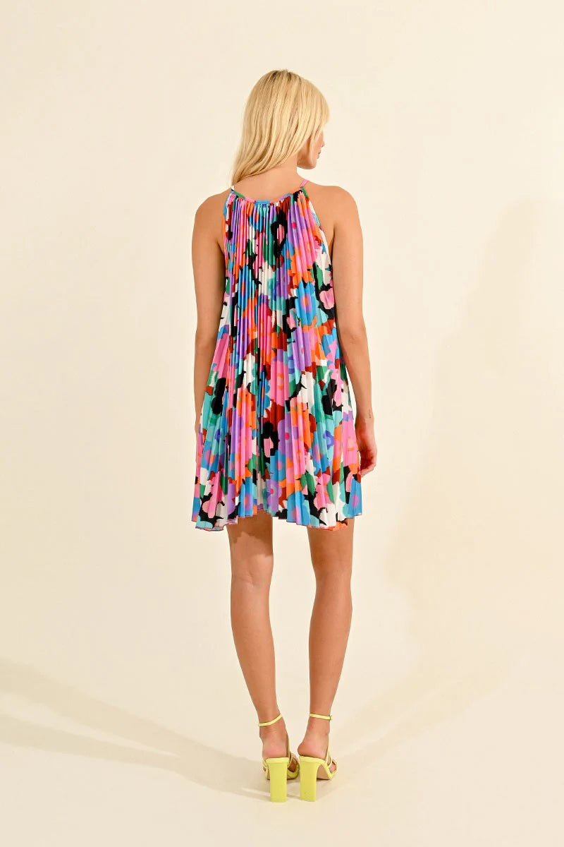 Pleated Floral Mini Dress