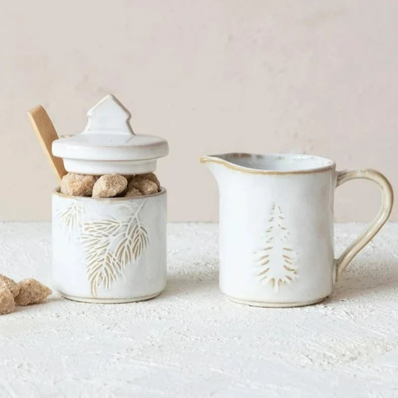 Stoneware Creamer & Sugar Pot w/ Spoon Set
