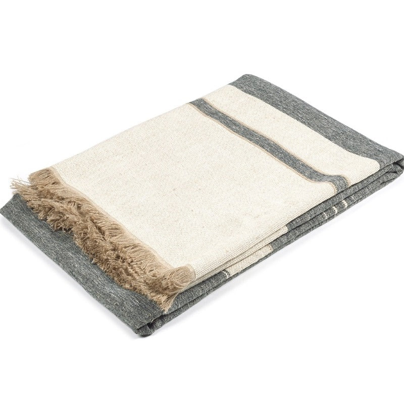 Belgian Linen Blend Throw Blanket - Navy & Oyster