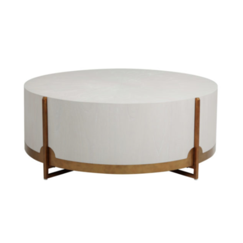 White & Brass Round Oak Drum Coffee Table 47.75 W 47.75 D 18.25 H