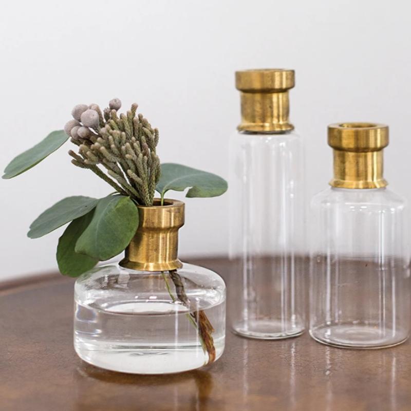 7" Tall Glass & Brass Budvase- 2.28" x 7.25"