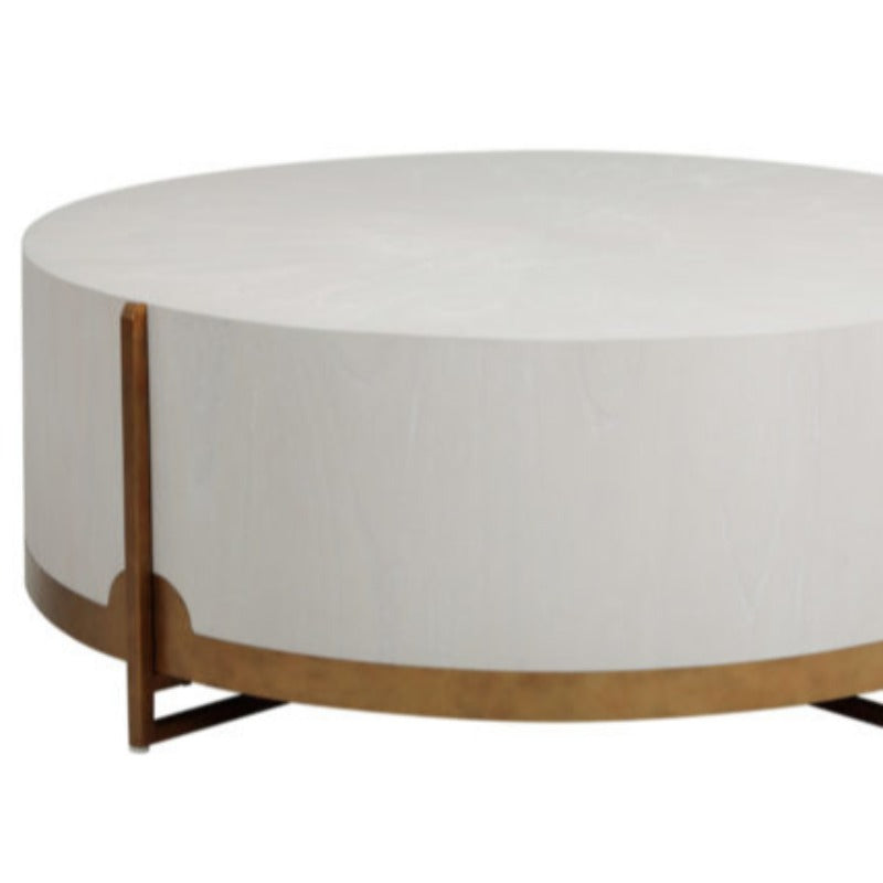 White & Brass Round Oak Drum Coffee Table 47.75 W 47.75 D 18.25 H