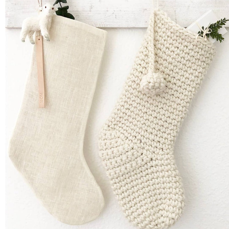 Linen Stocking with Leather Holiday Sentiment Tag (4 Styles)