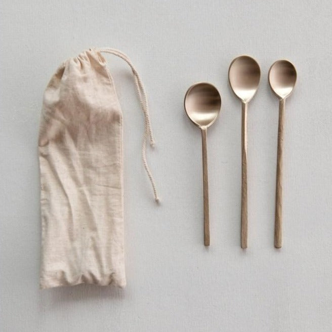 Set of 3 Brass Spoons in Drawstring Bag