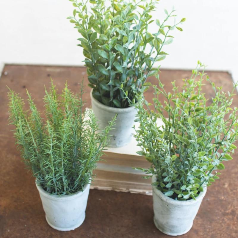 Faux Herbs in White Cement Pot