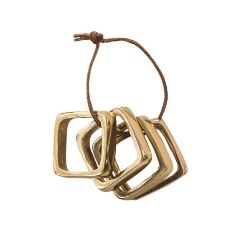 Set of 4 Square Metal Brass Finish Napkin Rings on a Leather Tie