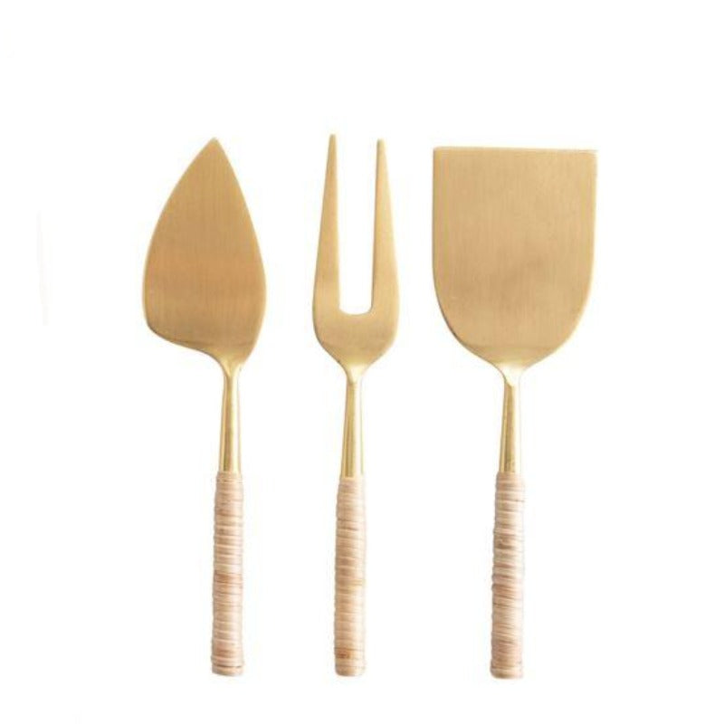 Rattan and Gold Cheese Knives (Set of 3)