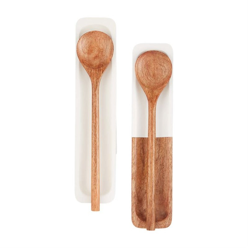 (2 Pc) Mango Wood Spoon Rest with Spoon (2 Styles)