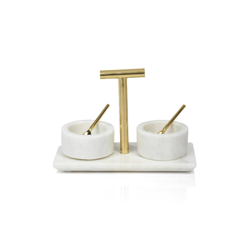Ellie Marble Condiment Set of 2 Bowls with Spoons Zodax