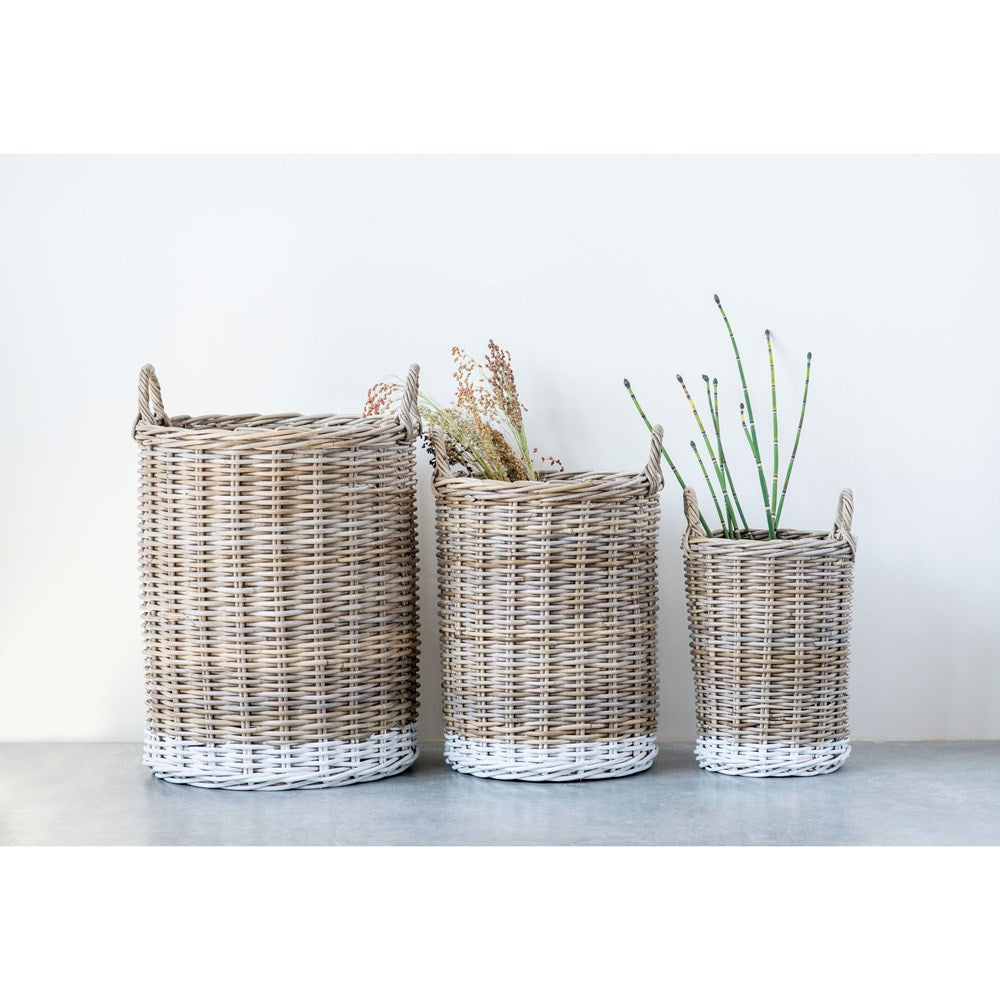 Round Rattan Bottom Dipped White Basket with Handles
