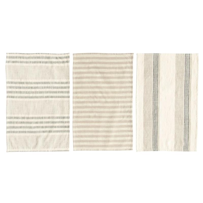 Set of 3 Cotton Striped Tea Towels- Taupe/Black/Cream- 28Lx18W