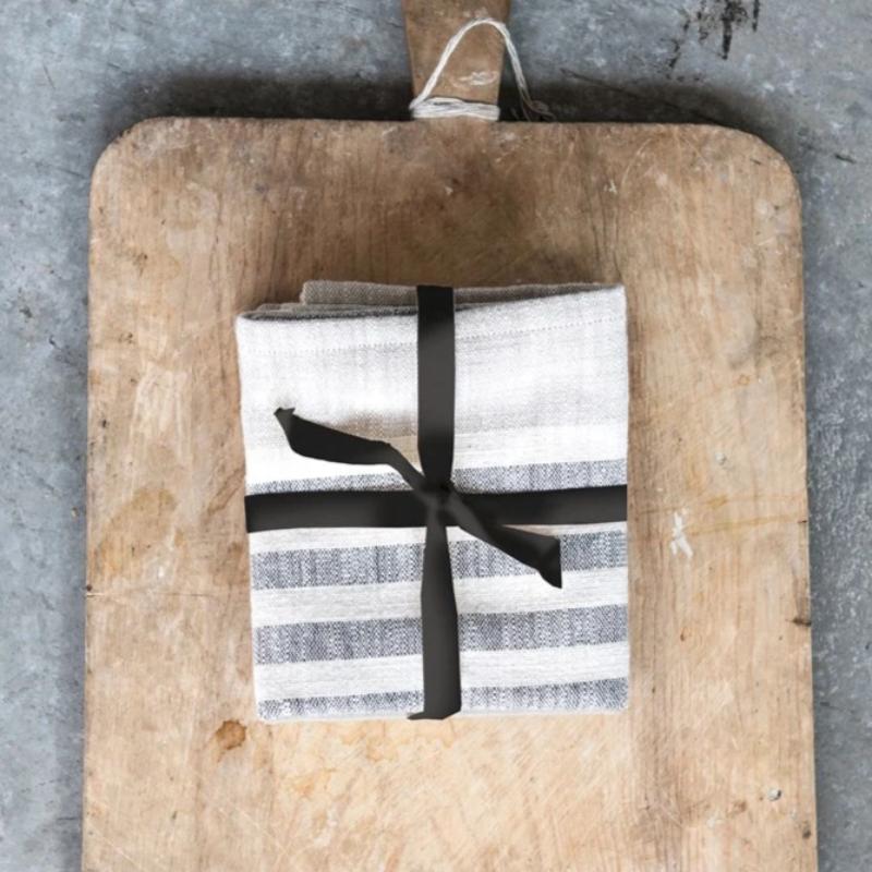 Set of 3 Cotton Striped Tea Towels- Taupe/Black/Cream- 28Lx18W