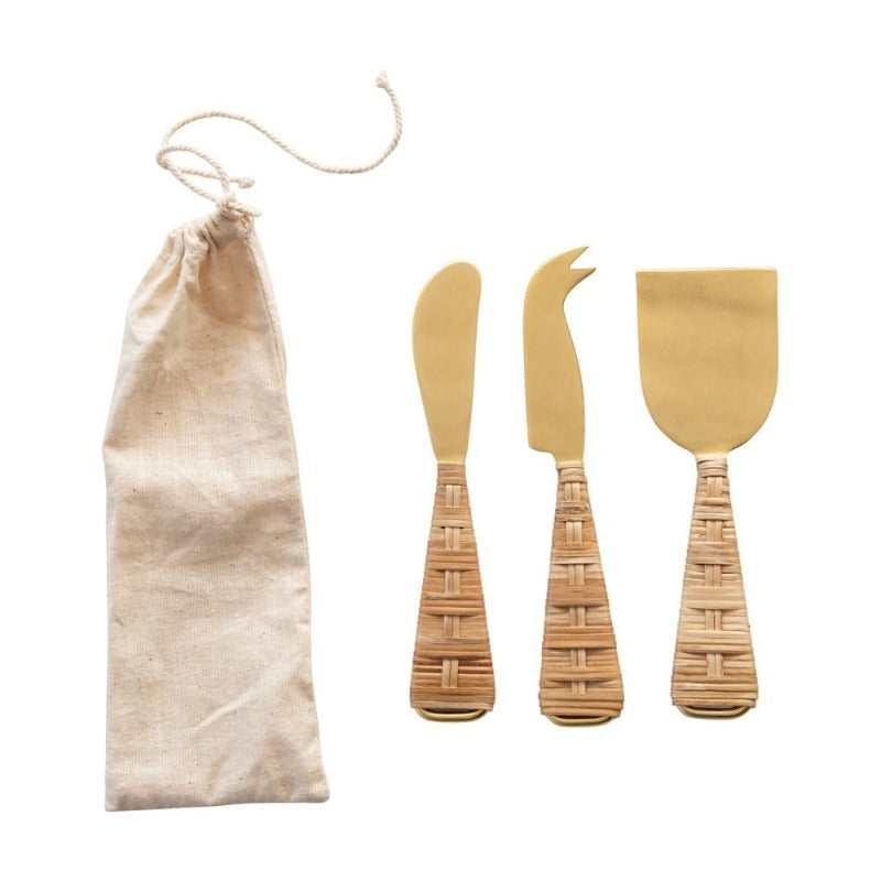 Rattan Handled Cheese Knives (Set of 3)