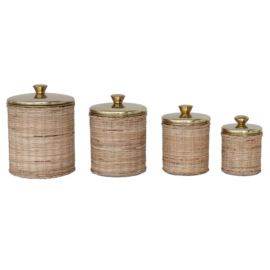 Rattan Wrapped Brass Canister  (4 Sizes)