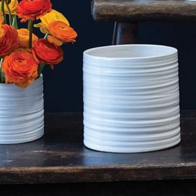 Striated Matte White Ceramic Pot (2 Sizes)