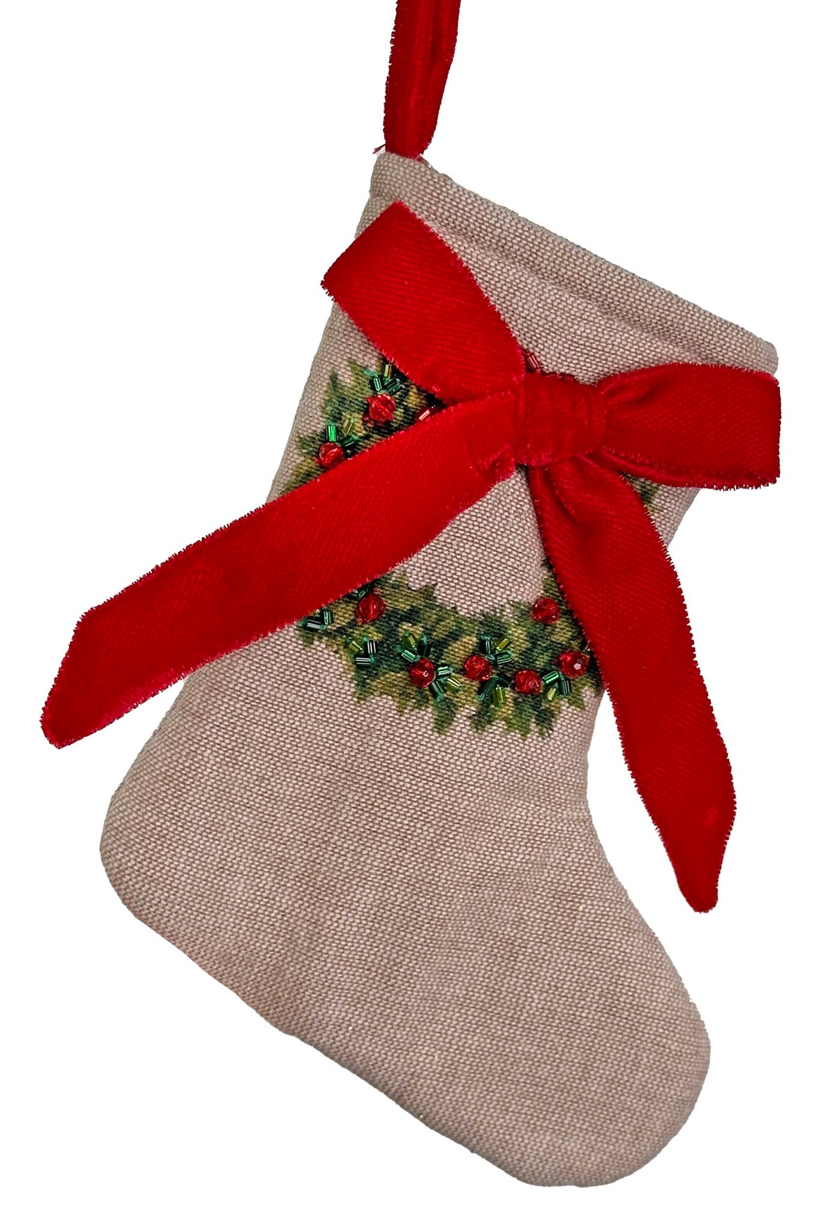 6.5" Stocking w/ Beaded Wreath + Velvet Bow