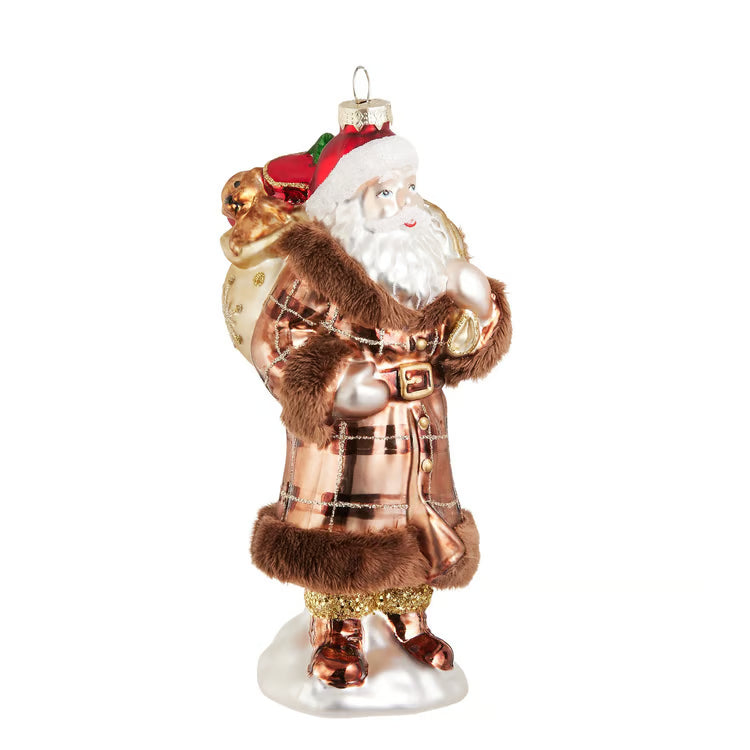 Glass Plaid Santa Ornament-Brown
