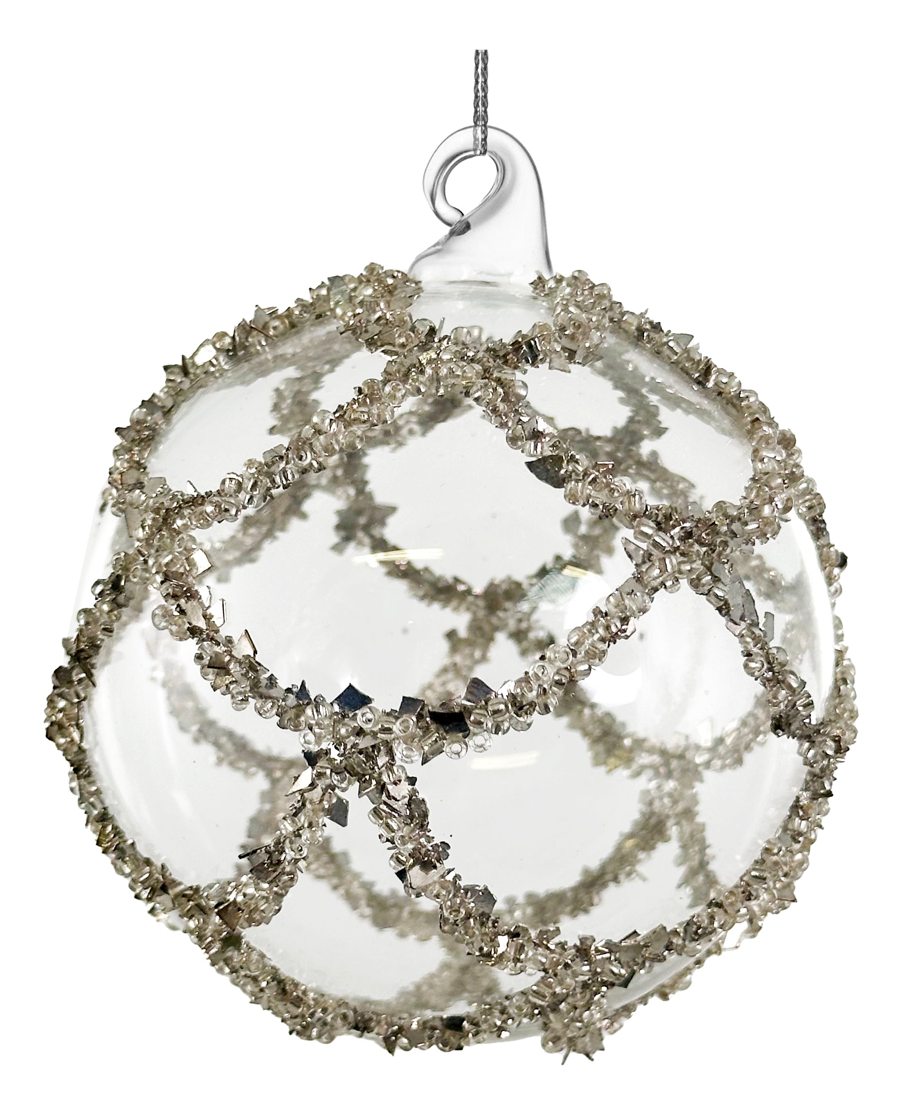 Silver Beaded Clear Glass Ornament (2 Sizes)