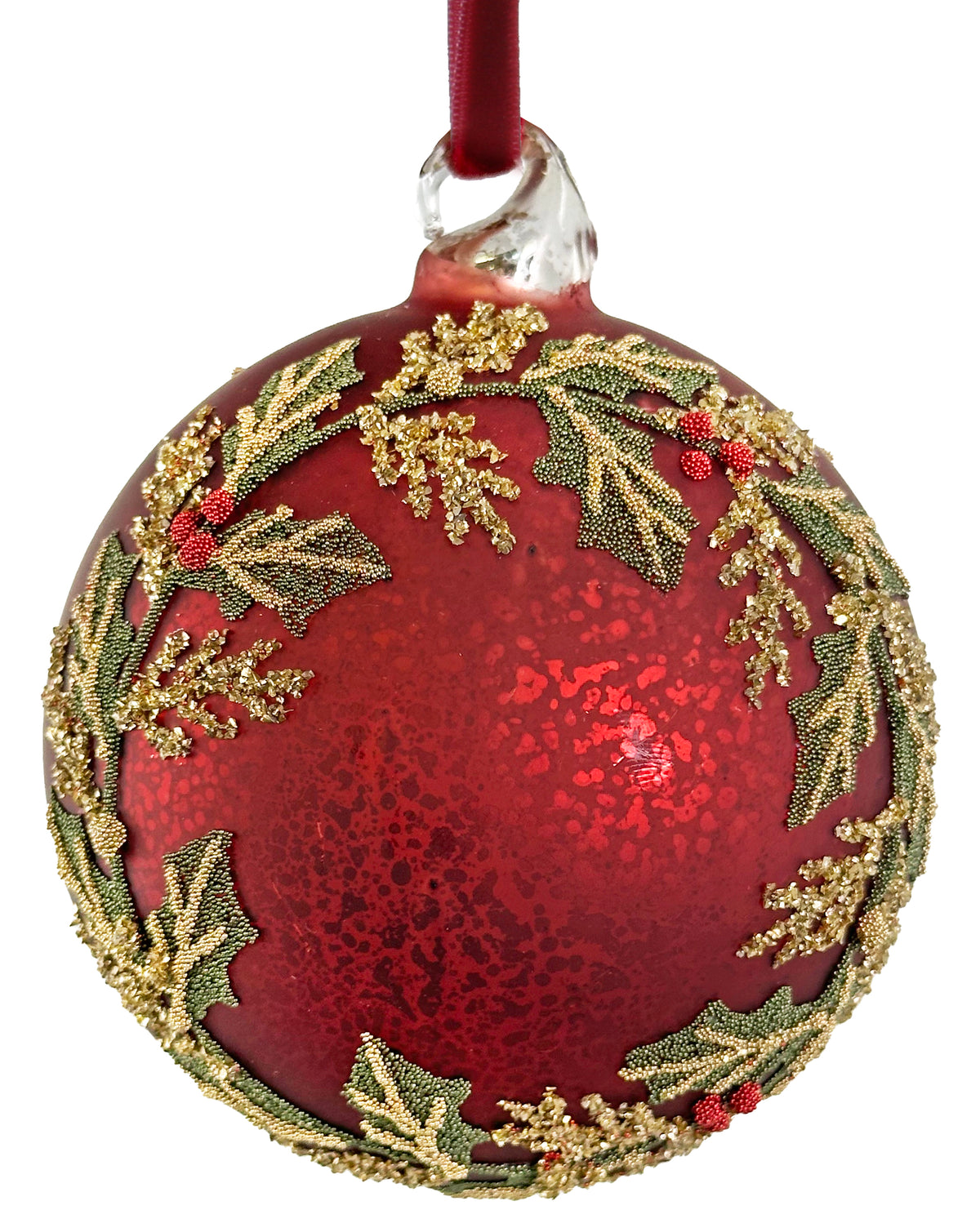 Matte Red w/ Beaded Holly Wreath Ornament
