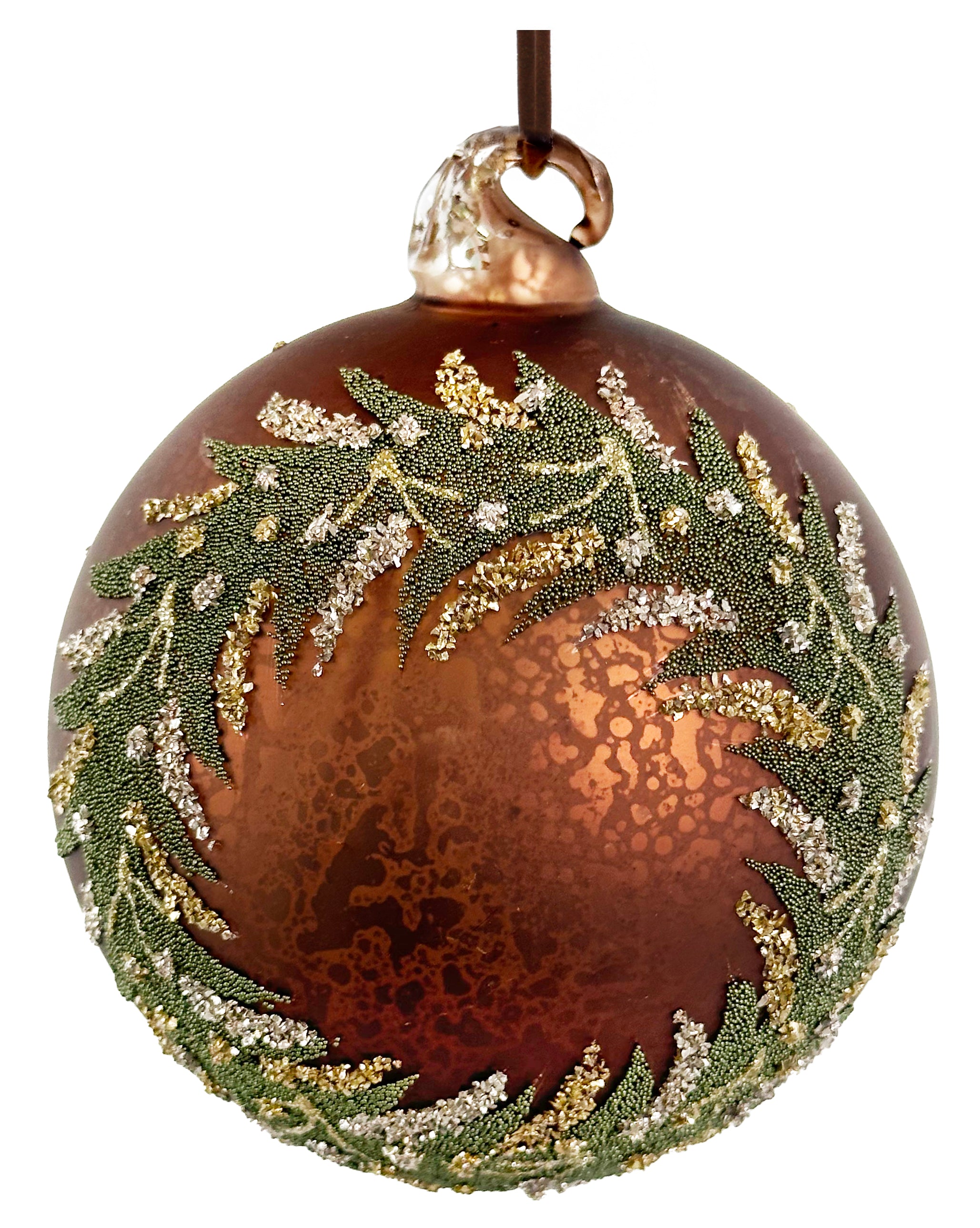 Matte Brown w/ Beaded Wreath Glass Ornament (2 Sizes)