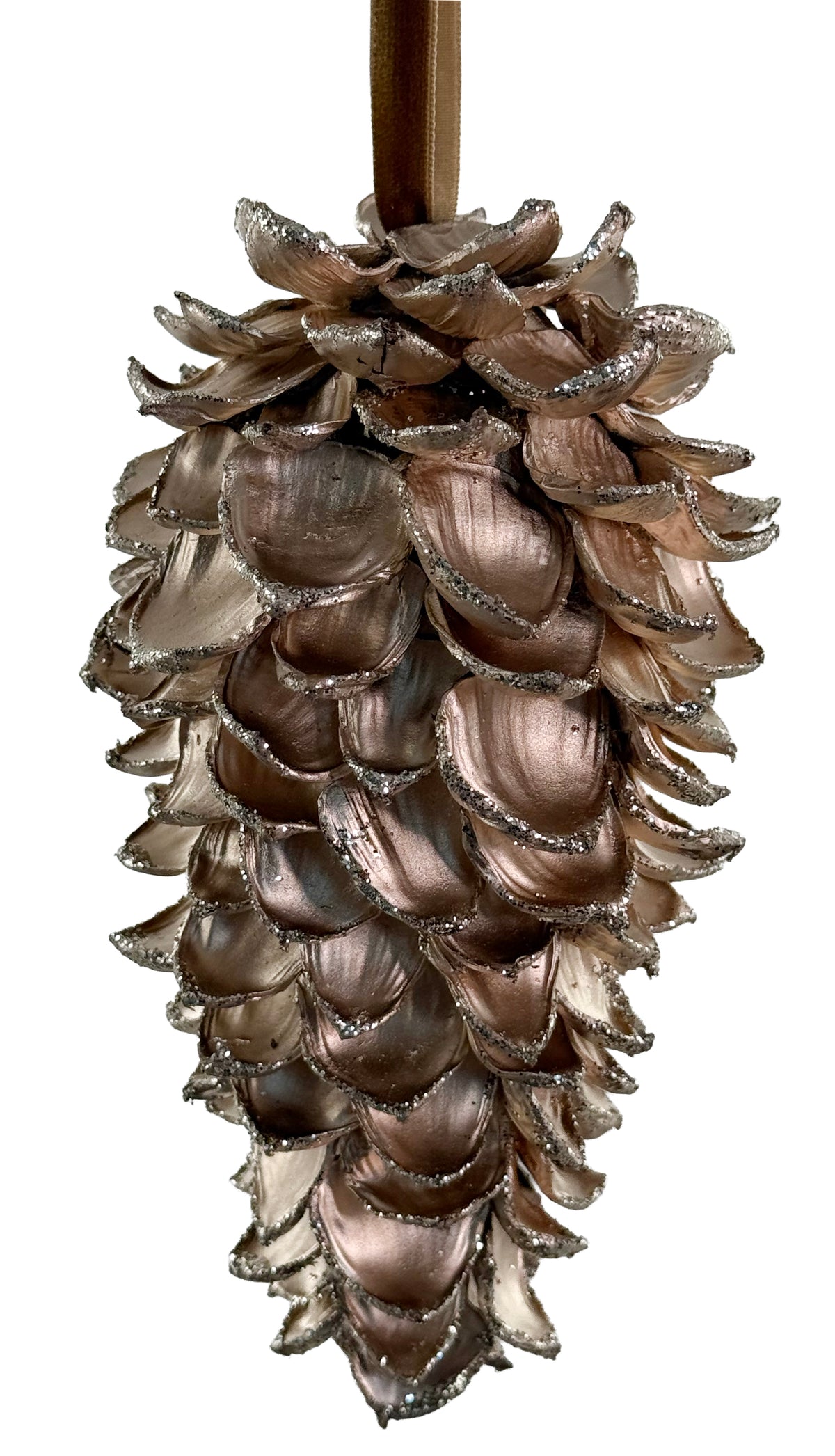 Champagne Glitter Pinecone w/ Green Bow (2 Sizes)