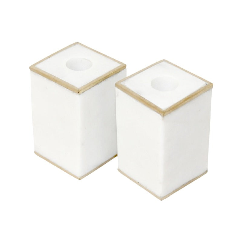 White Marble w/ Brass Trim Taper Candle Holder