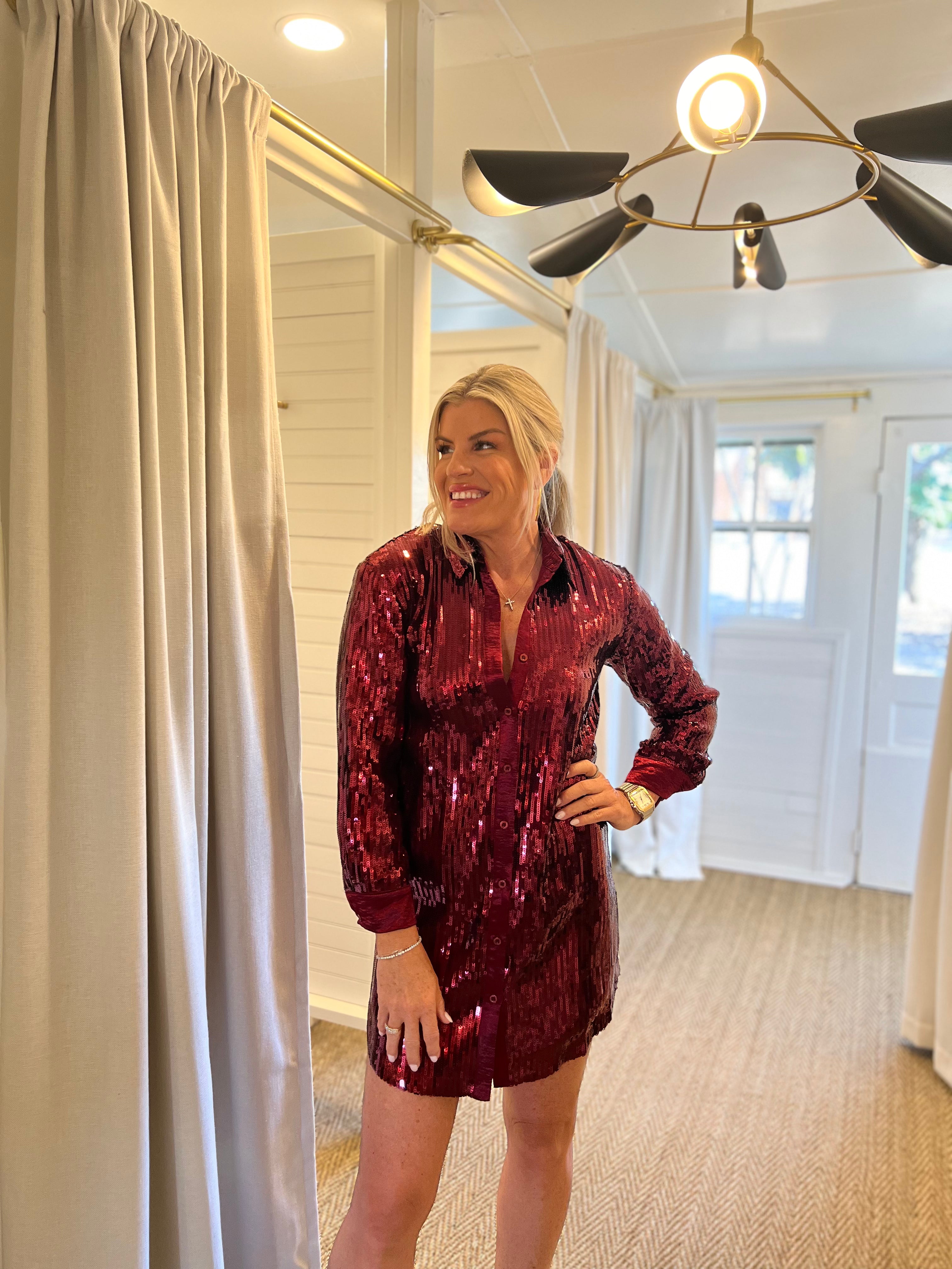 Sequin Shirt Dress-Crimson