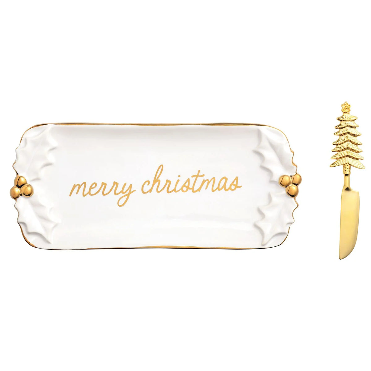Gold Merry Christmas Serving Dish w/ Spreader