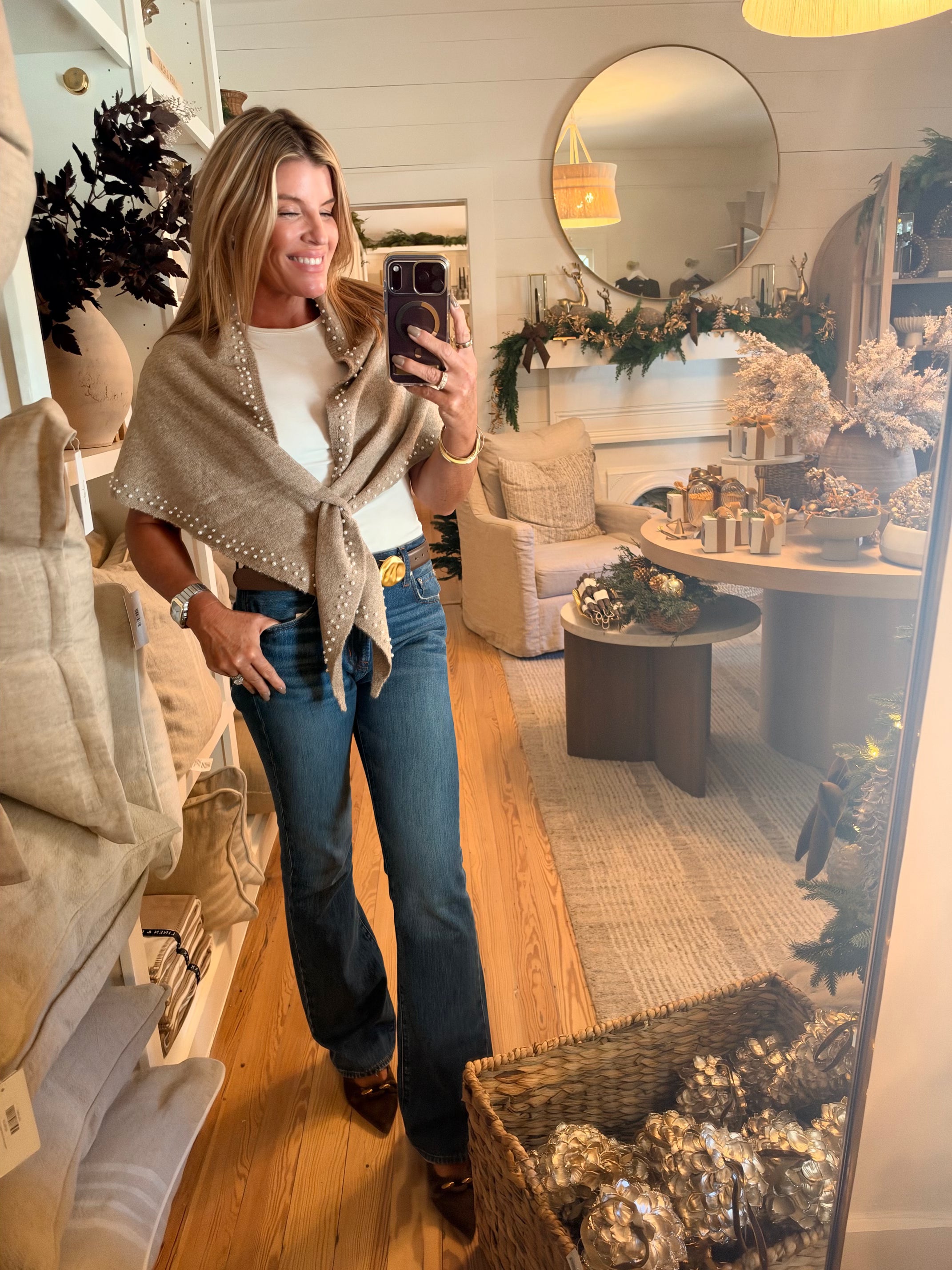Triangle Knit w/ Pearl Scarf-Taupe