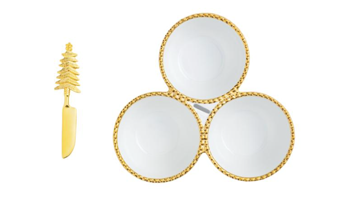 Tree Triple Dip Bowls w/ Gold Spreader