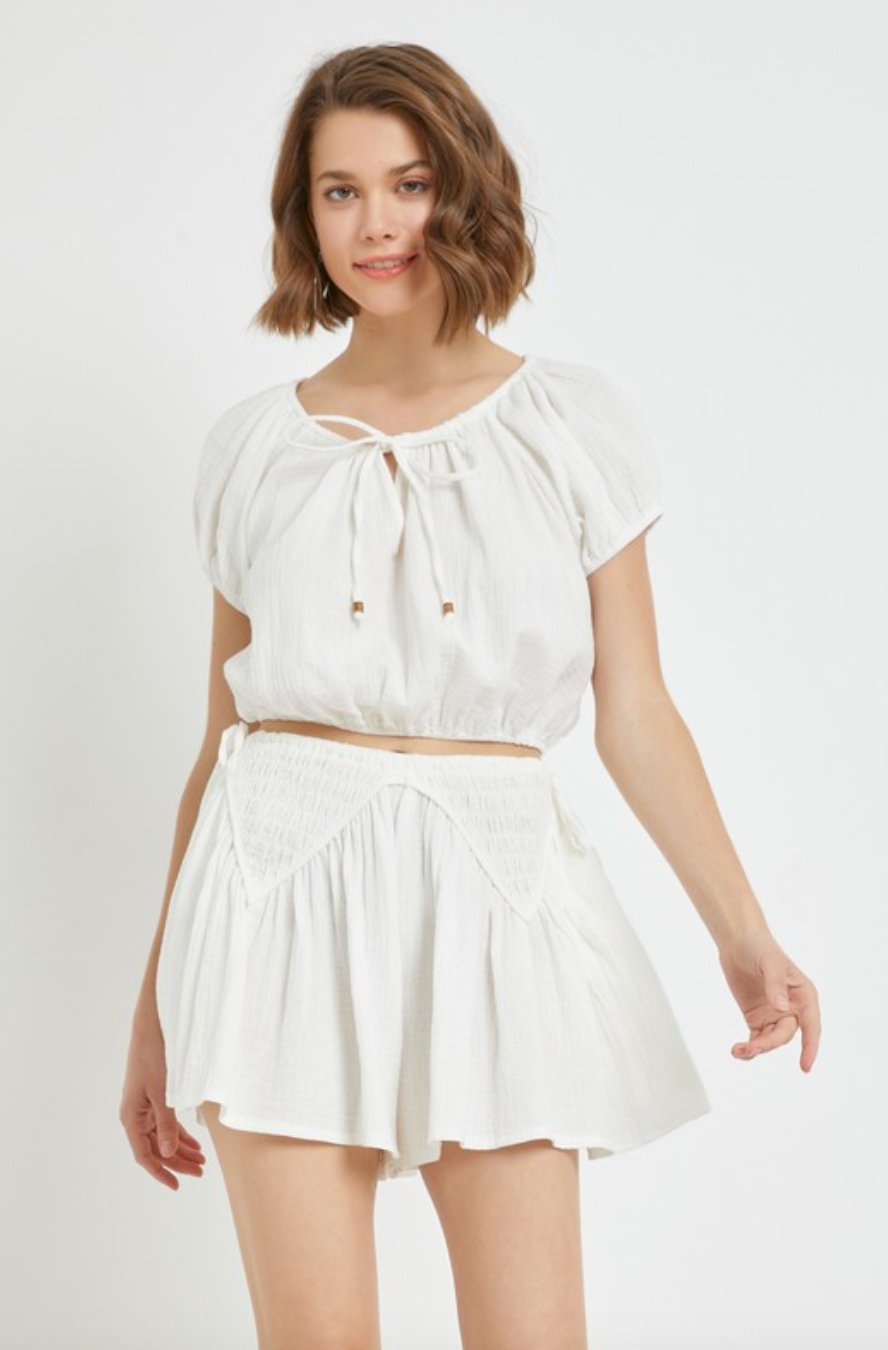 Peasant Tie Top-White-Final Sale