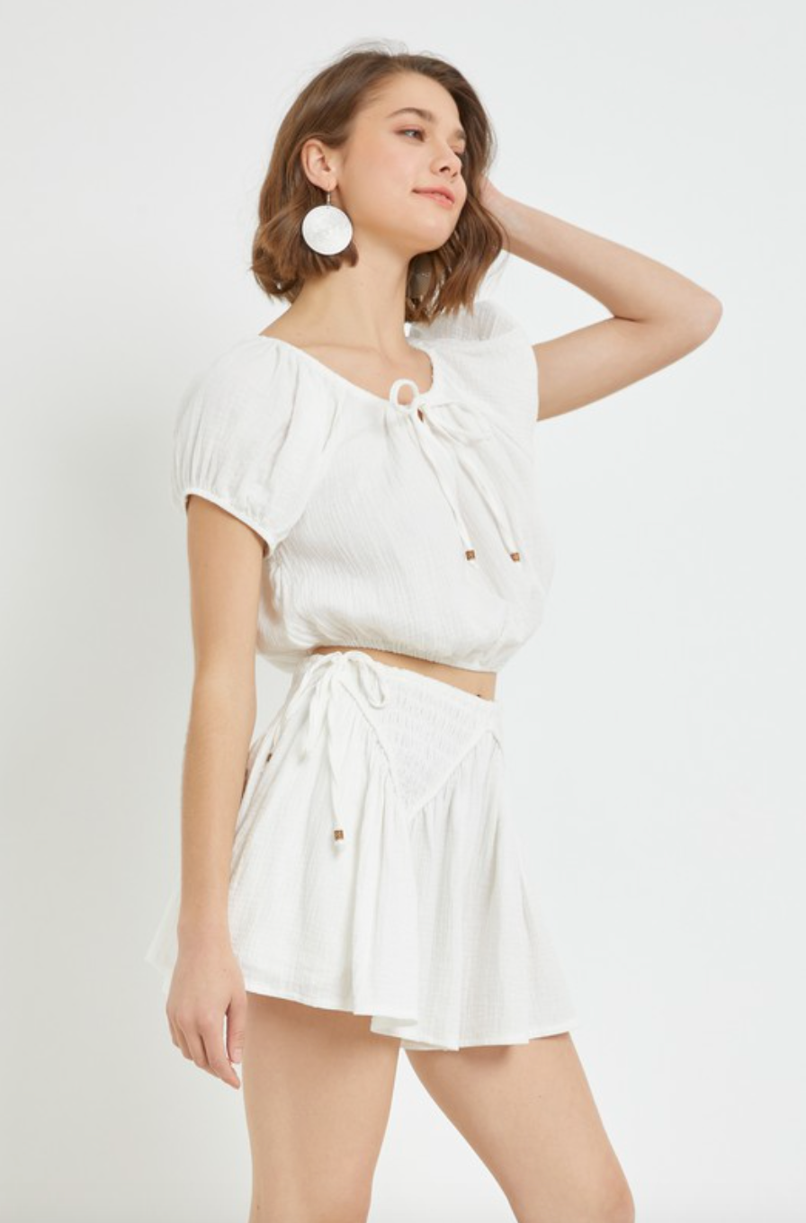 Peasant Tie Top-White-Final Sale