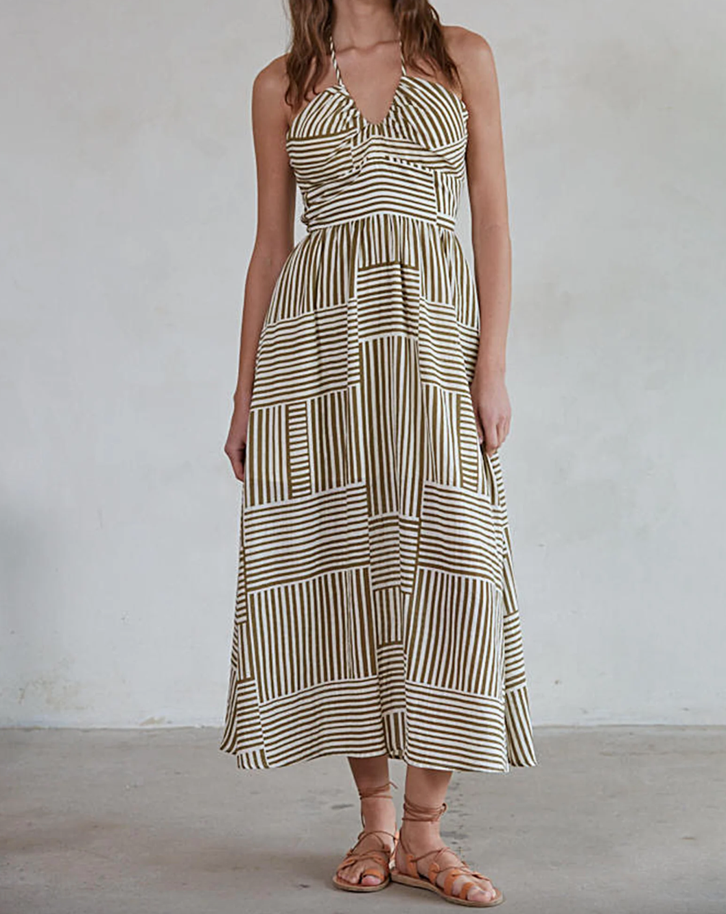 Stripe Halter Dress-Olive