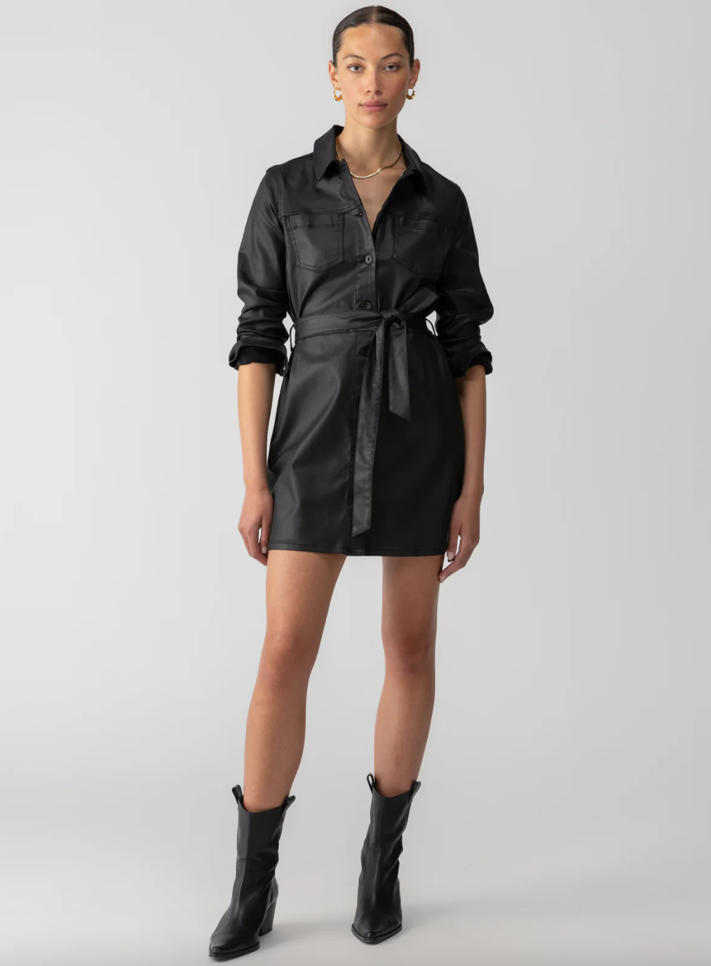 Coated Denim Dress-Black