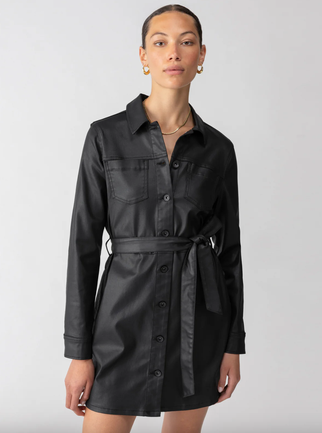 Coated Denim Dress-Black