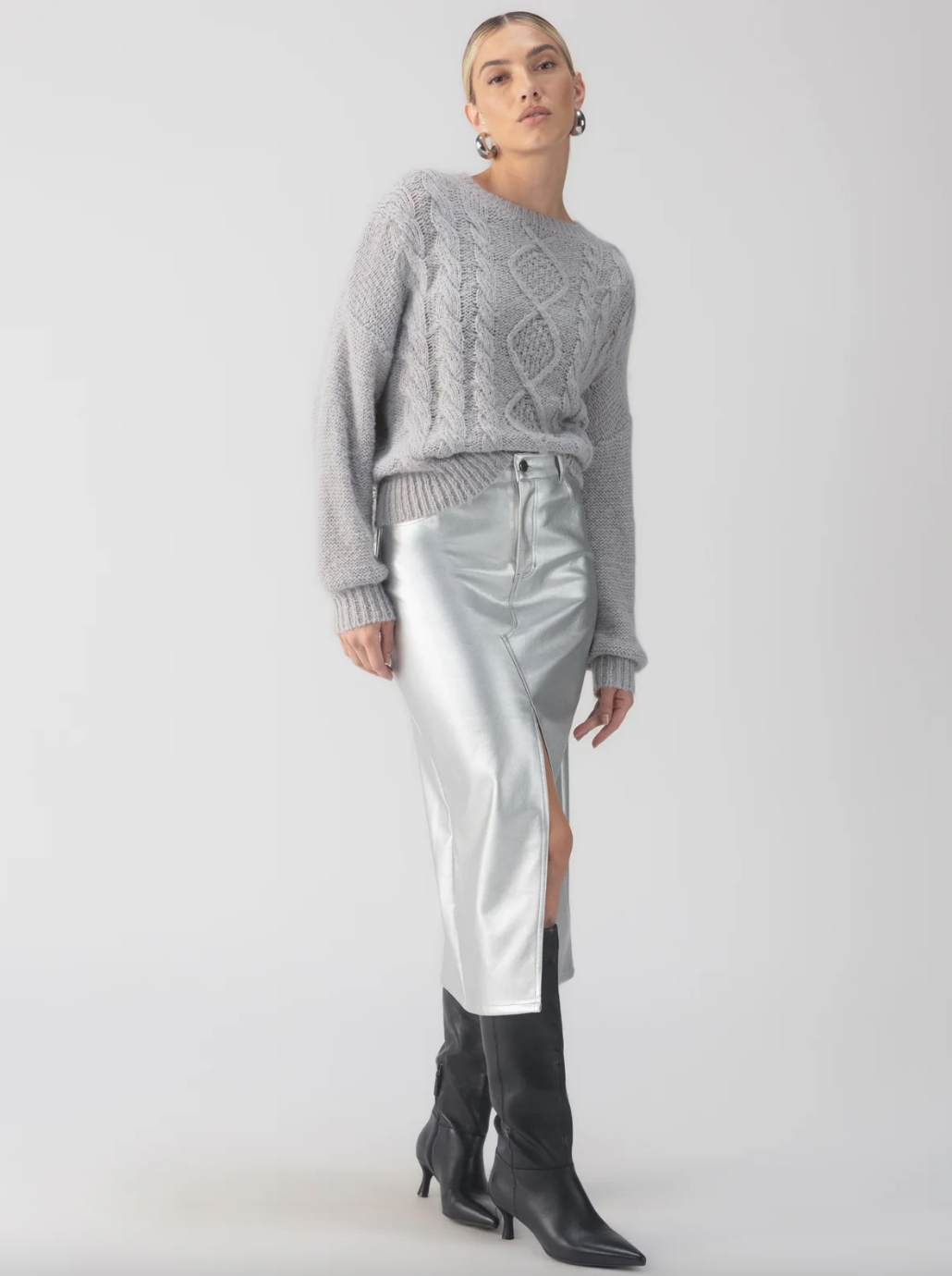 Leather Like Midi Skirt-Silver
