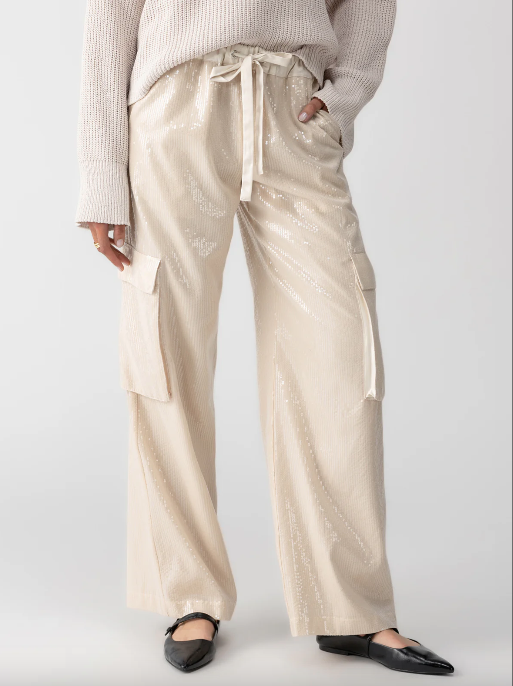 Pull On Sequin Cargo Pant-Almond