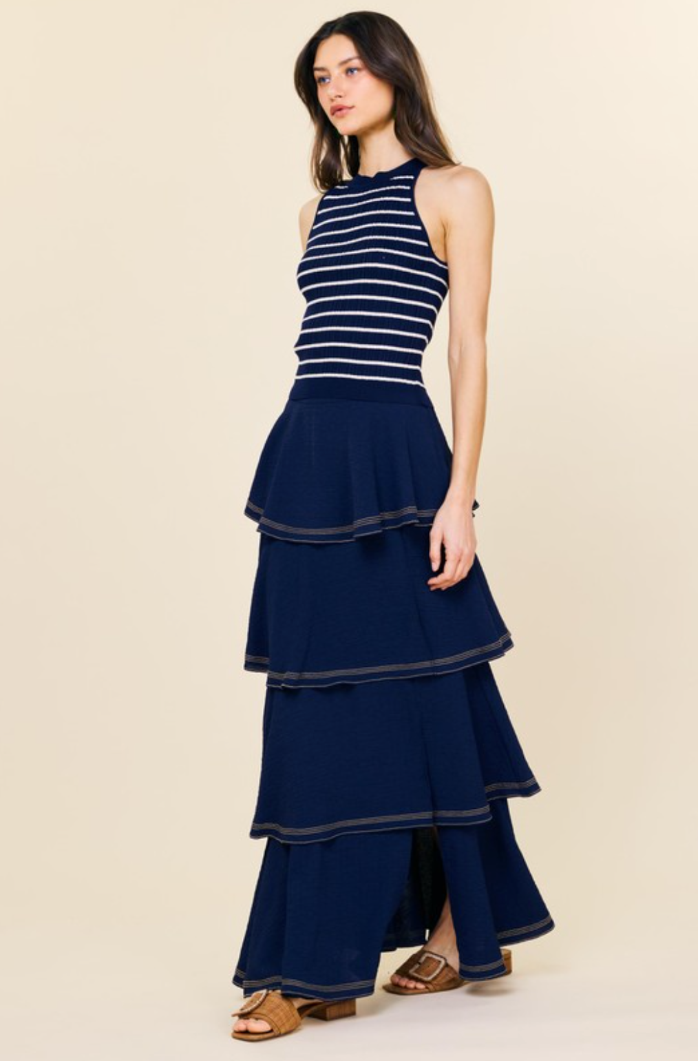 Stripe Rib Tank Top-Navy