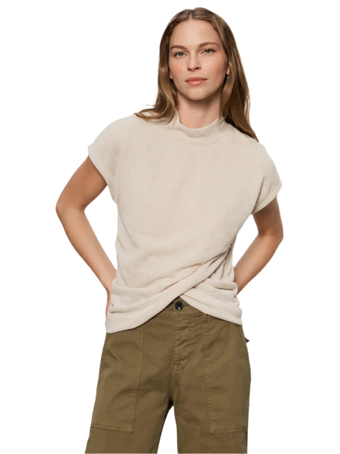 Draped Sleeveless Mock Neck Top-Oat