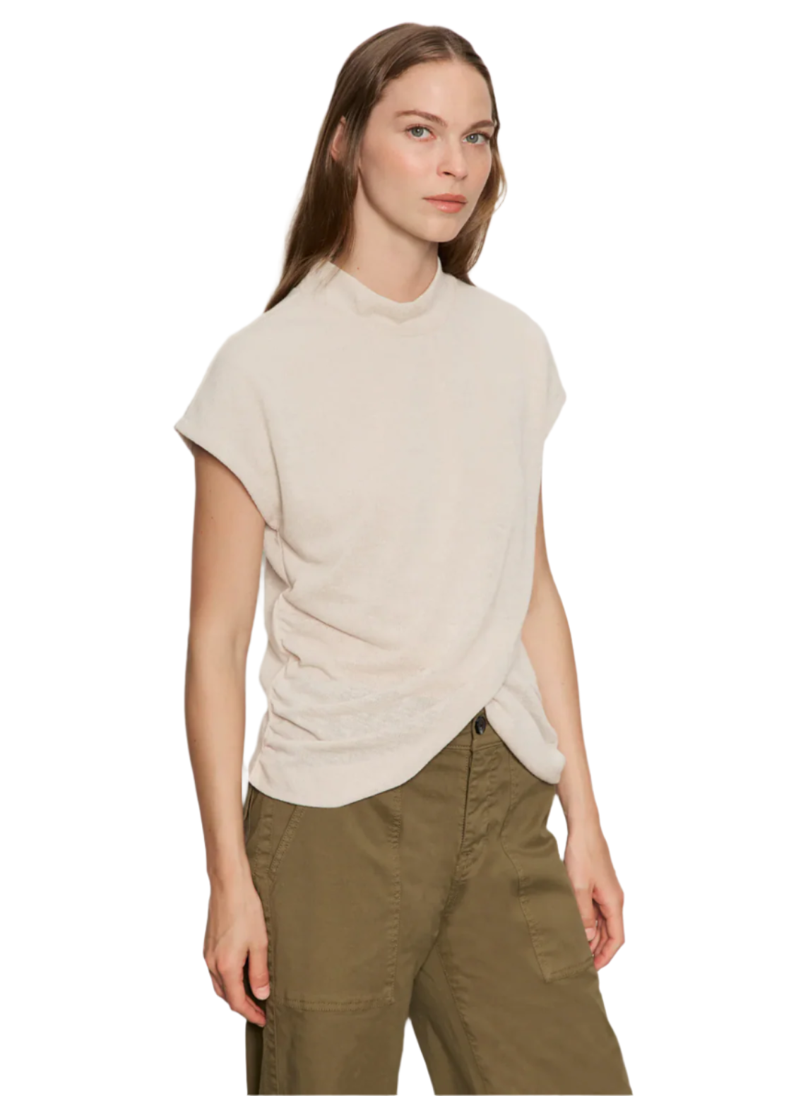 Draped Sleeveless Mock Neck Top-Oat