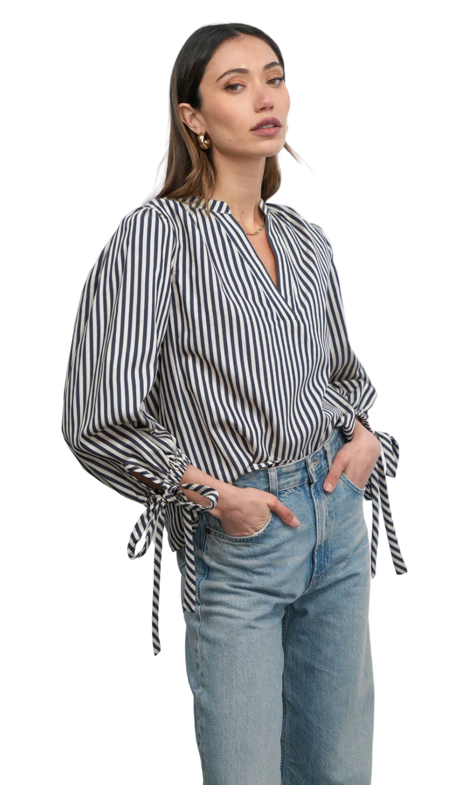 Miui Puff Sleeve Stripe Blouse-Navy