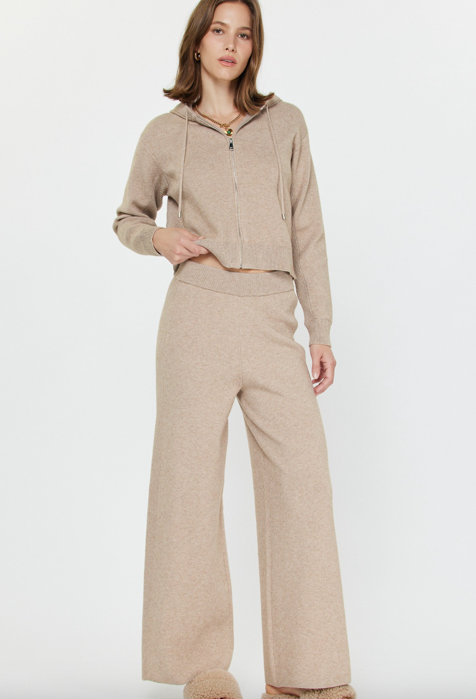 Cropped Knit Hoodie-Tan