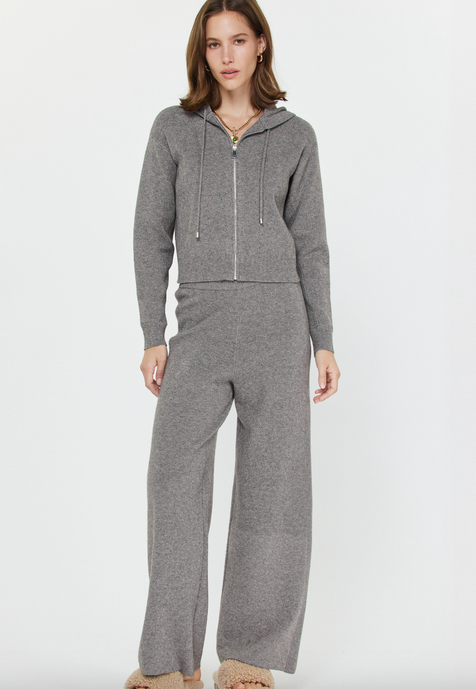 Cropped Knit Hoodie-Grey