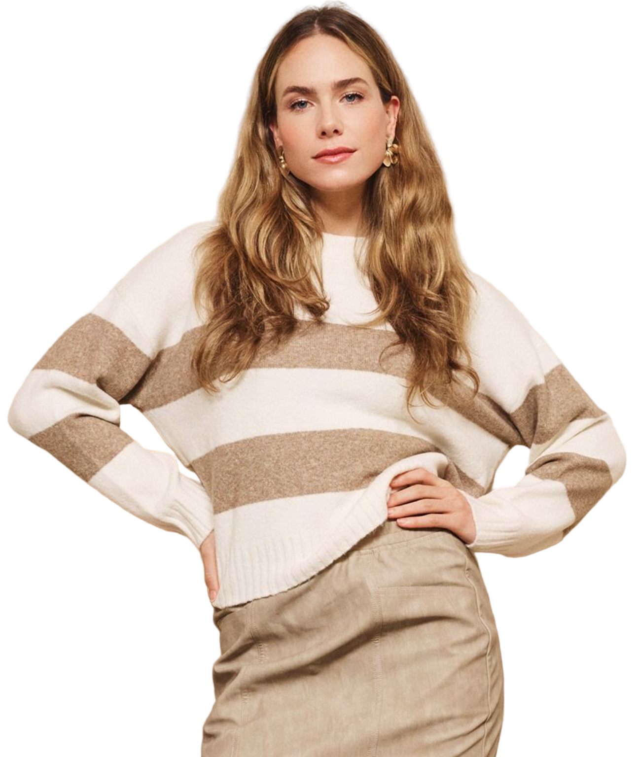 Striped Melange Sweater-Off White/Tan