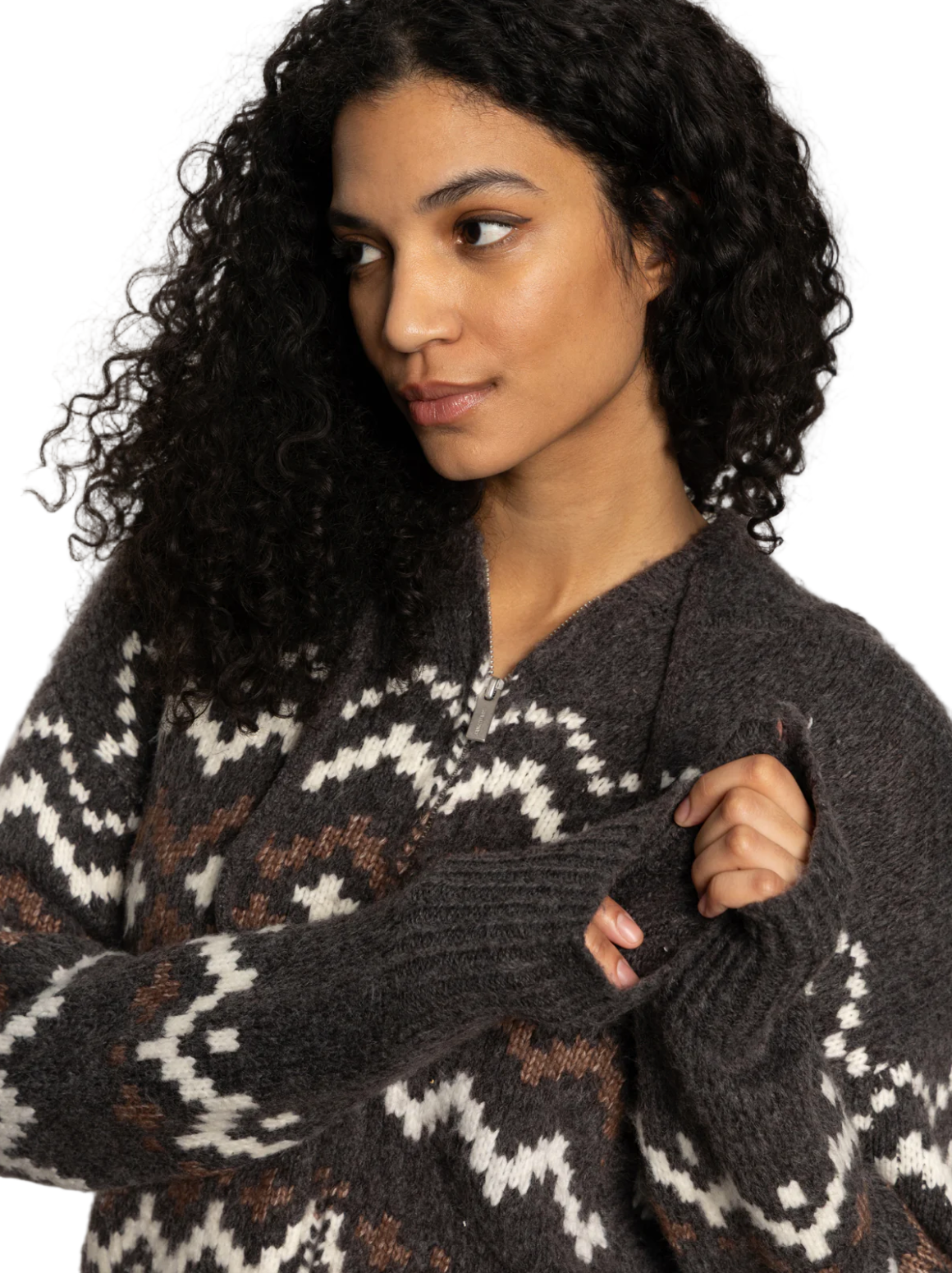 Zip Up Fairisle Hoodie-Charcoal