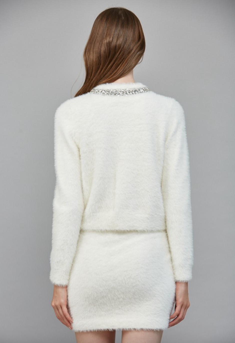Fuzzy Rhinestone Cardigan-Cream