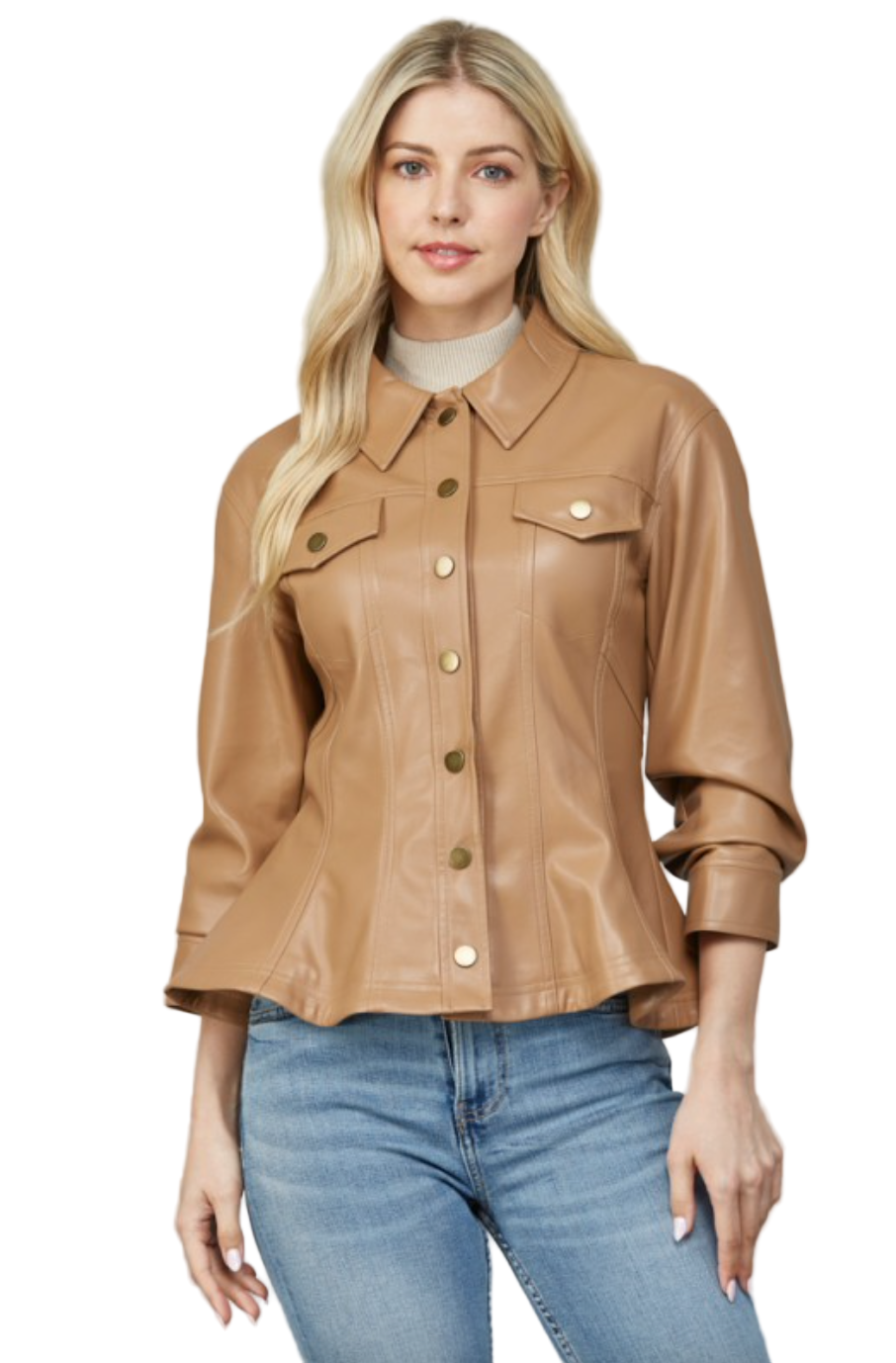 Faux Leather Peplum Shirt Jacket-Camel