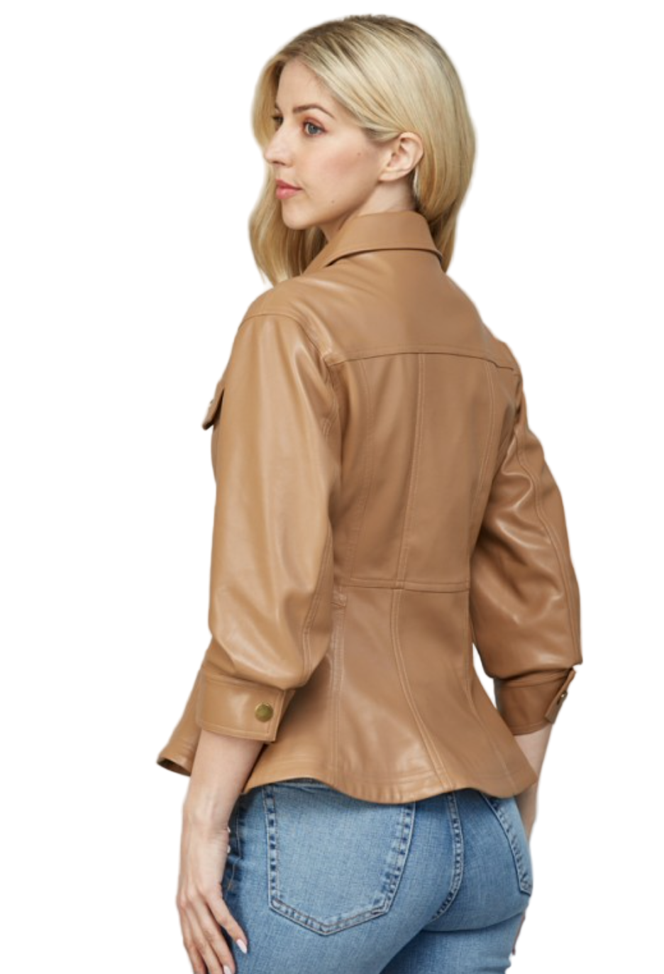 Faux Leather Peplum Shirt Jacket-Camel